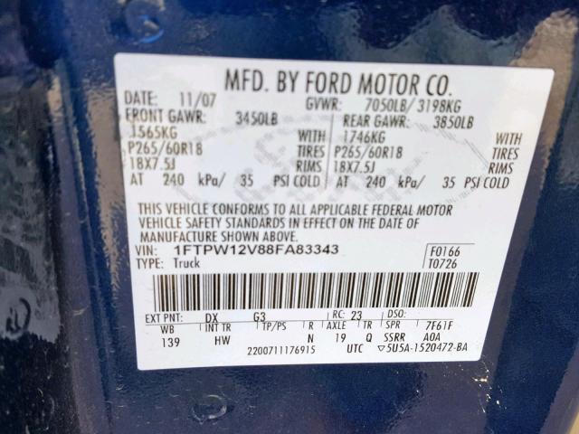 1FTPW12V88FA83343 - 2008 FORD F150 SUPER BLUE photo 10