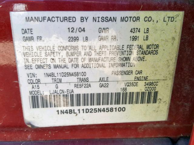 1N4BL11D25N458100 - 2005 NISSAN ALTIMA SE MAROON photo 10