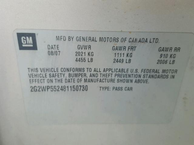 2G2WP552481150730 - 2008 PONTIAC GRAND PRIX SILVER photo 10