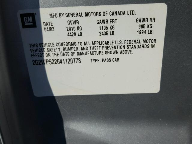 2G2WP522641120773 - 2004 PONTIAC GRAND PRIX SILVER photo 10