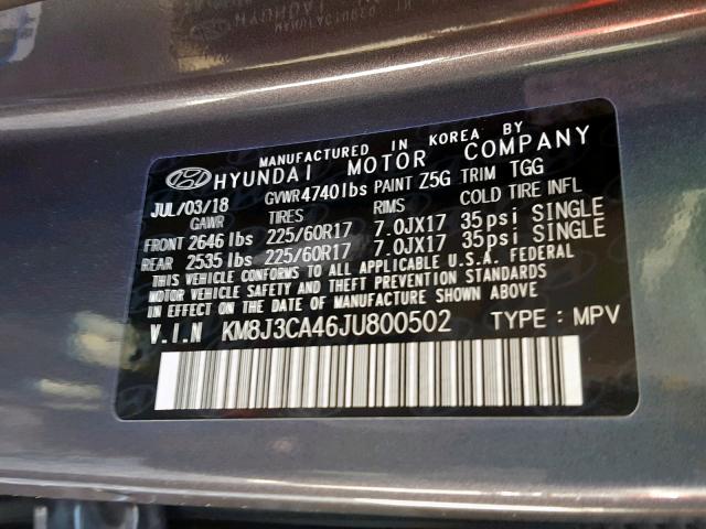 KM8J3CA46JU800502 - 2018 HYUNDAI TUCSON SEL GRAY photo 10