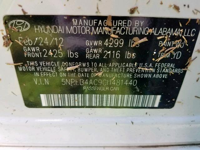 5NPEB4AC9CH481440 - 2012 HYUNDAI SONATA GLS WHITE photo 10