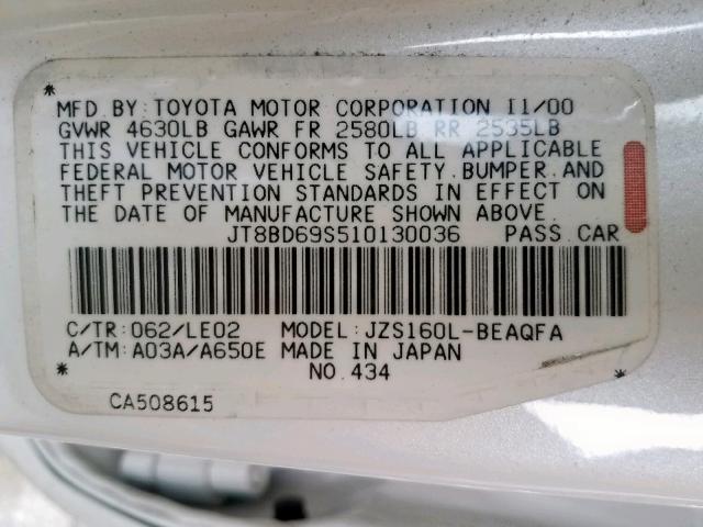 JT8BD69S510130036 - 2001 LEXUS GS 300 WHITE photo 10