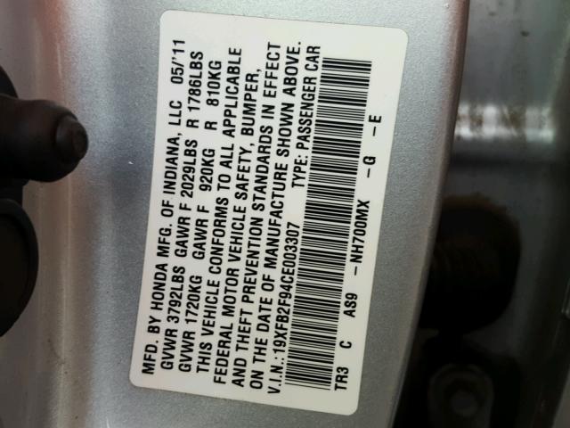 19XFB2F94CE003307 - 2012 HONDA CIVIC EXL SILVER photo 10