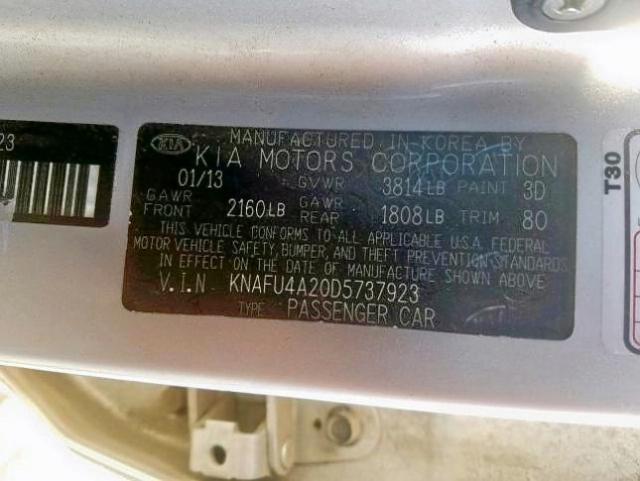 KNAFU4A20D5737923 - 2013 KIA FORTE EX SILVER photo 10