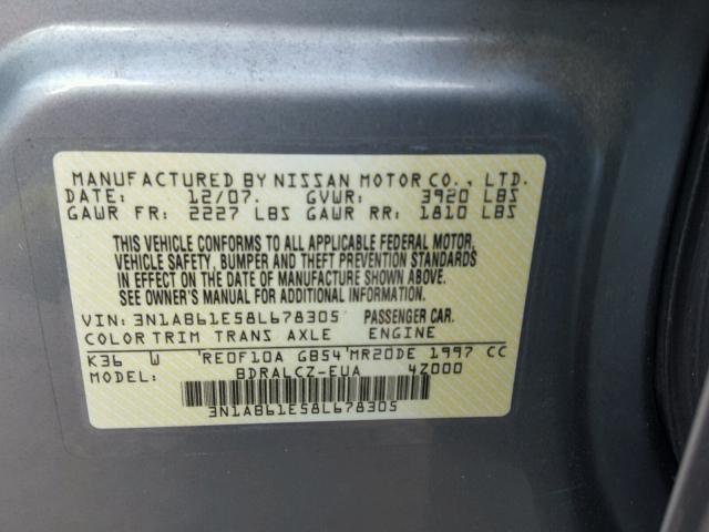 3N1AB61E58L678305 - 2008 NISSAN SENTRA 2.0 GRAY photo 10