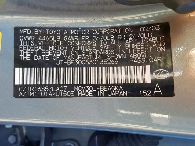 JTHBF30G830135266 - 2003 LEXUS ES 300 GRAY photo 10