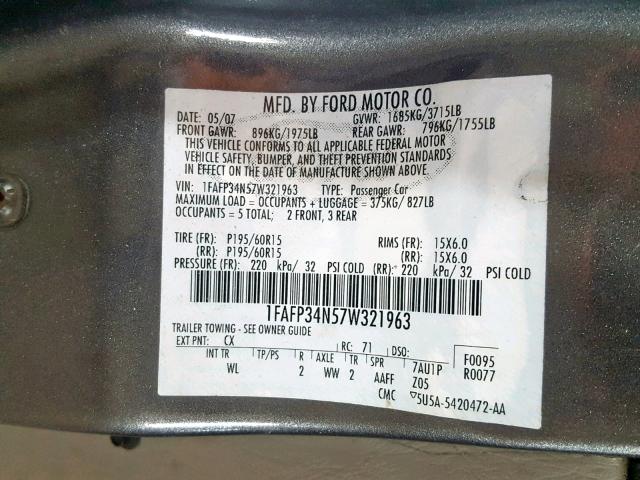 1FAFP34N57W321963 - 2007 FORD FOCUS ZX4 GRAY photo 10