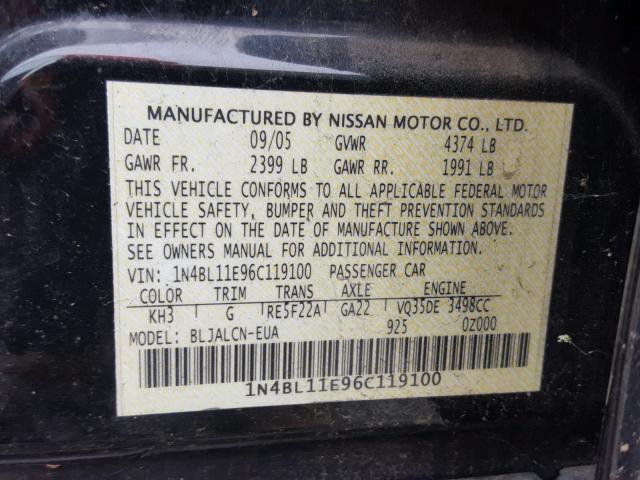 1N4BL11E96C119100 - 2006 NISSAN ALTIMA SE BLACK photo 10