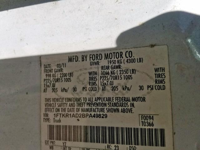 1FTKR1AD2BPA49829 - 2011 FORD RANGER WHITE photo 10