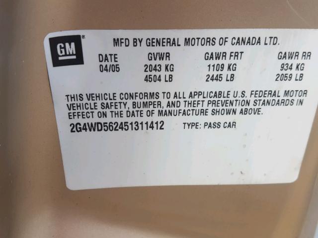 2G4WD562451311412 - 2005 BUICK LACROSSE C GOLD photo 10