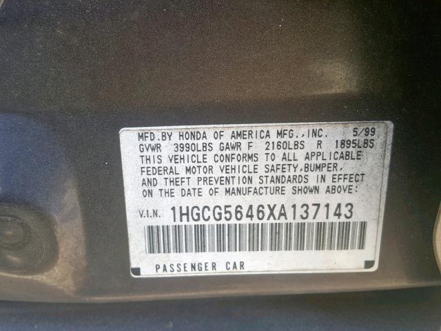 1HGCG5646XA137143 - 1999 HONDA ACCORD LX GRAY photo 10