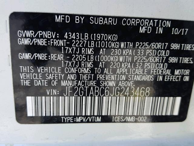 JF2GTABC6JG243468 - 2018 SUBARU CROSSTREK WHITE photo 10