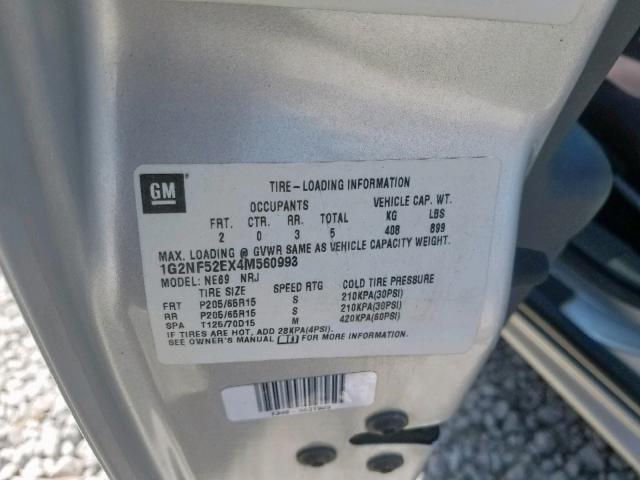 1G2NF52EX4M560993 - 2004 PONTIAC GRAND AM S SILVER photo 10