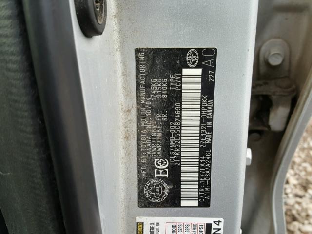 2T1KR32E55C874690 - 2005 TOYOTA COROLLA MA SILVER photo 10