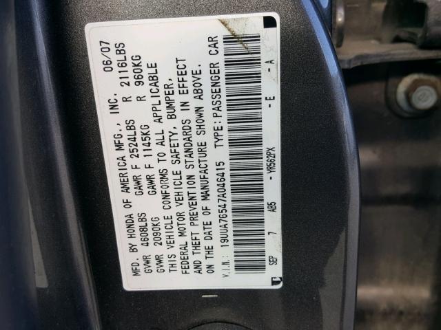 19UUA76547A046415 - 2007 ACURA TL TYPE S GRAY photo 10