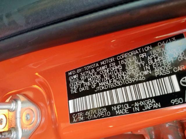 JTDKDTB33D1039946 - 2013 TOYOTA PRIUS C ORANGE photo 10