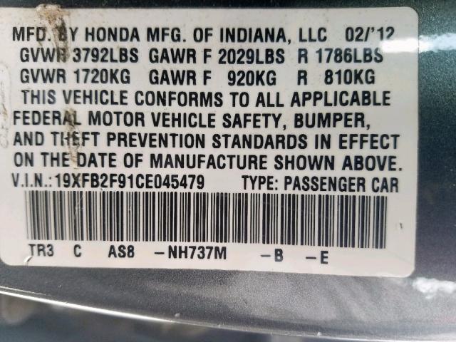 19XFB2F91CE045479 - 2012 HONDA CIVIC EXL 灰色 照片 10