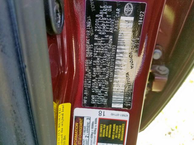 4T1BK1EB3FU176993 - 2015 TOYOTA AVALON XLE BURGUNDY photo 10