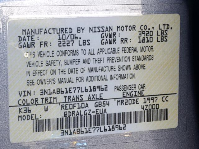 3N1AB61E77L618962 - 2007 NISSAN SENTRA 2.0 GRAY photo 10