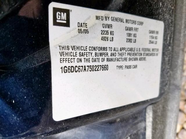 1G6DC67A750227660 - 2005 CADILLAC STS BLUE photo 10