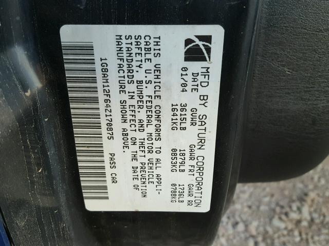 1G8AM12F64Z170875 - 2004 SATURN ION LEVEL BLUE photo 10