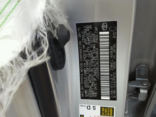 JTDZN3EU4GJ040804 - 2016 TOYOTA PRIUS V SILVER photo 10