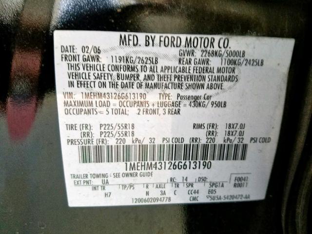 1MEHM43126G613190 - 2006 MERCURY MONTEGO PR 黑色 照片 10