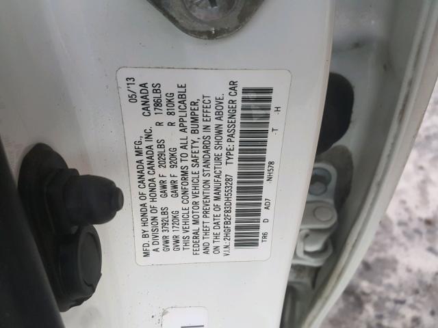 2HGFB2F83DH553287 - 2013 HONDA CIVIC EX WHITE photo 10