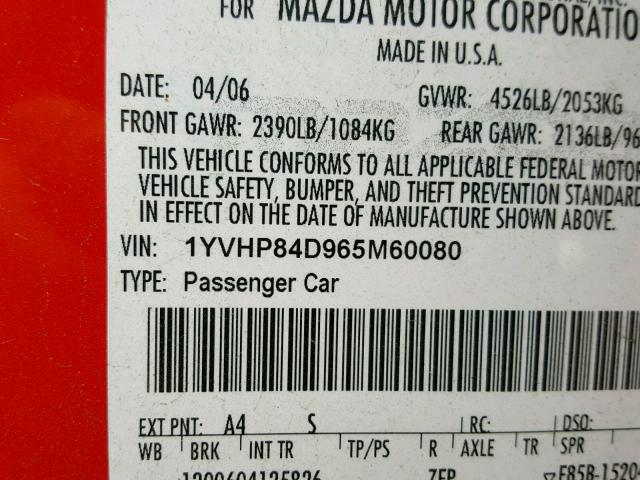 1YVHP84D965M60080 - 2006 MAZDA 6 S RED photo 10