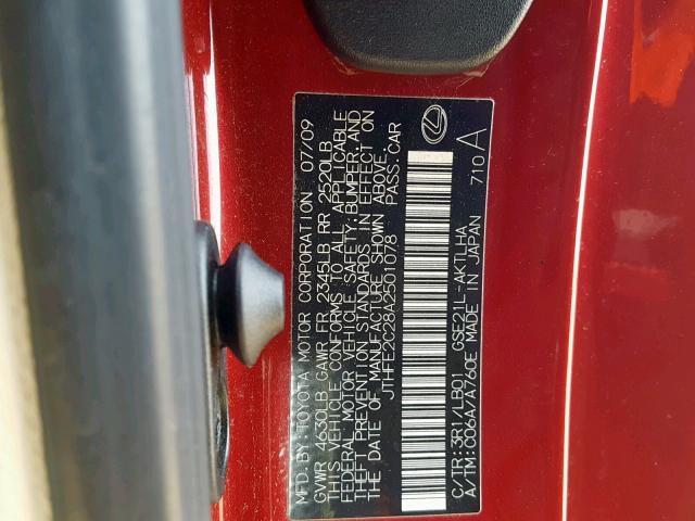 JTHFE2C28A2501078 - 2010 LEXUS IS 350 RED photo 10