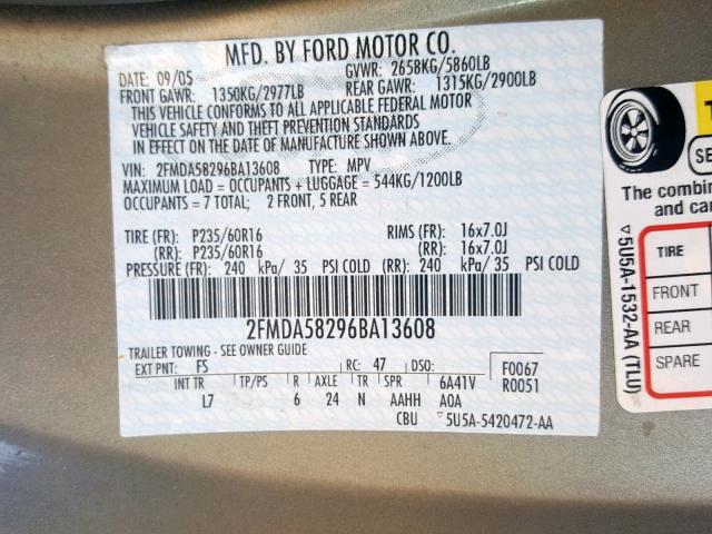 2FMDA58296BA13608 - 2006 FORD FREESTAR L GREEN photo 10