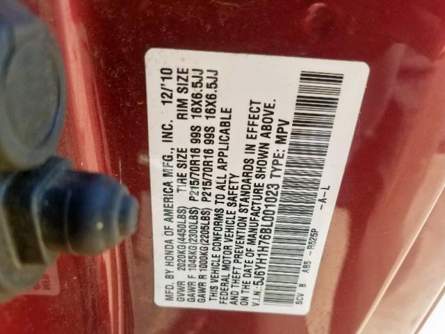 5J6YH1H76BL001023 - 2011 HONDA ELEMENT EX BURGUNDY photo 10