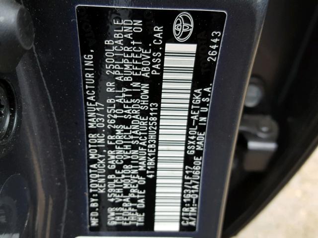 4T1BK1EB3HU258113 - 2017 TOYOTA AVALON XLE GRAY photo 10