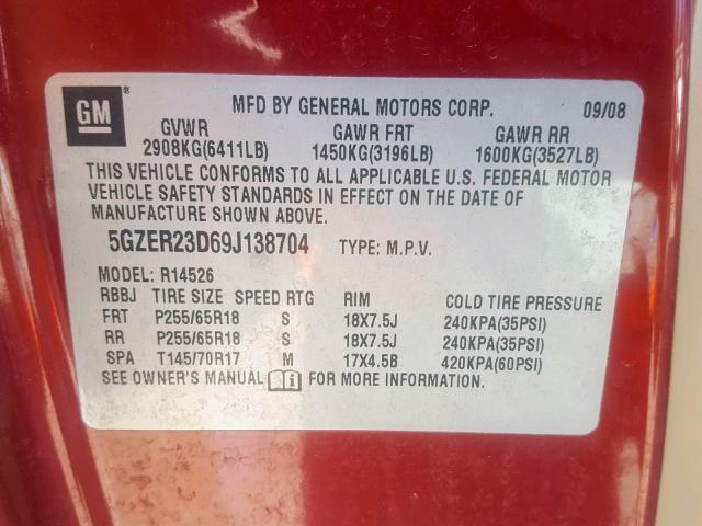 5GZER23D69J138704 - 2009 SATURN OUTLOOK XR წითელი ფოტო 10