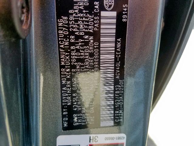 4T4BE46K99R090010 - 2009 TOYOTA CAMRY BASE GRAY photo 10