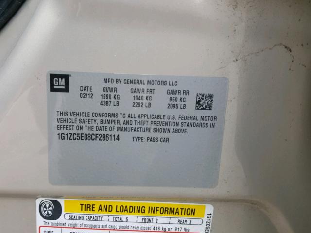 1G1ZC5E08CF286114 - 2012 CHEVROLET MALIBU 1LT GOLD photo 10