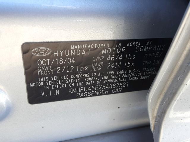 KMHFU45EX5A387521 - 2005 HYUNDAI XG 350 SILVER photo 10