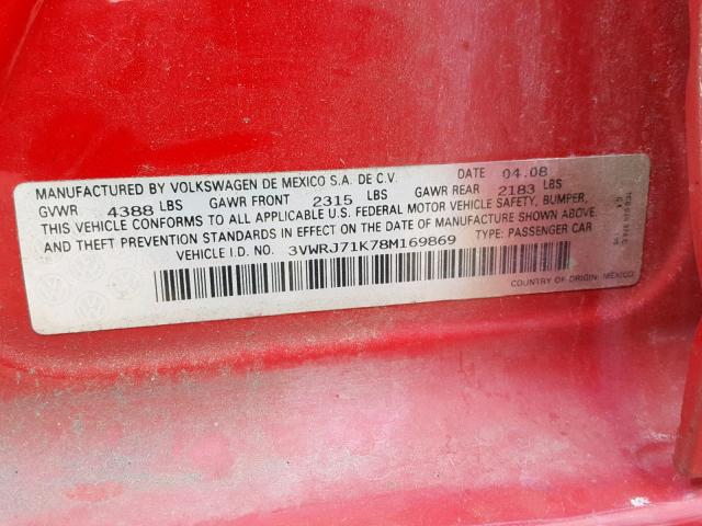 3VWRJ71K78M169869 - 2008 VOLKSWAGEN JETTA WOLF RED photo 10