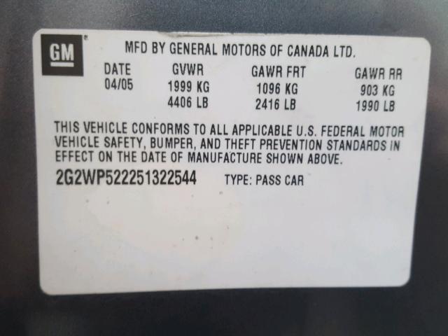 2G2WP522251322544 - 2005 PONTIAC GRAND PRIX GRAY photo 10