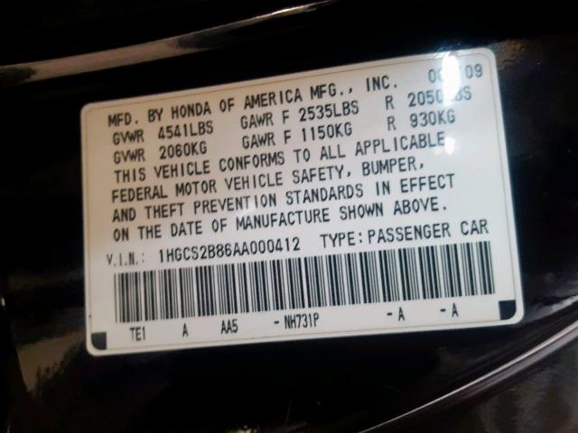 1HGCS2B86AA000412 - 2010 HONDA ACCORD EXL BLACK photo 10