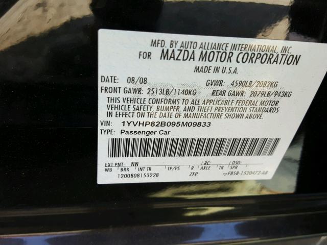 1YVHP82B095M09833 - 2009 MAZDA 6 S BLACK photo 10