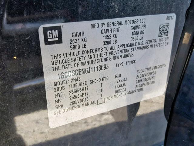 1GCGSCEN6J1118693 - 2018 CHEVROLET COLORADO L BLACK photo 10