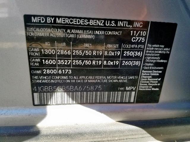 4JGBB5GB5BA675875 - 2011 MERCEDES-BENZ ML 350 SILVER photo 10