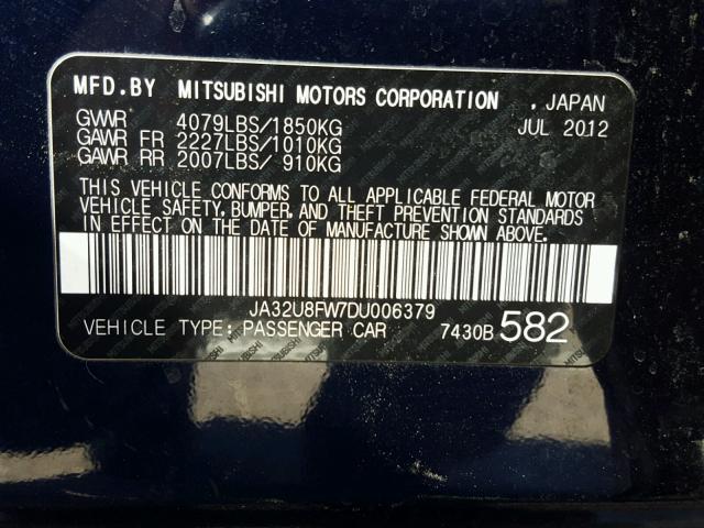 JA32U8FW7DU006379 - 2013 MITSUBISHI LANCER GT BLUE photo 10