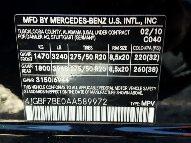 4JGBF7BE0AA589972 - 2010 MERCEDES-BENZ GL 450 4MA BLACK photo 10