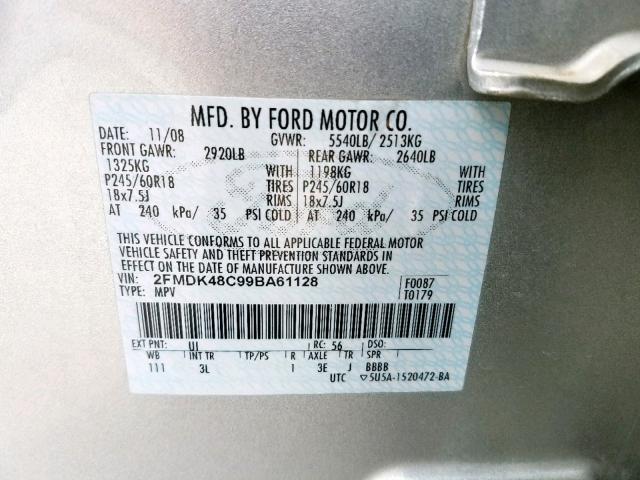 2FMDK48C99BA61128 - 2009 FORD EDGE SEL SILVER photo 10