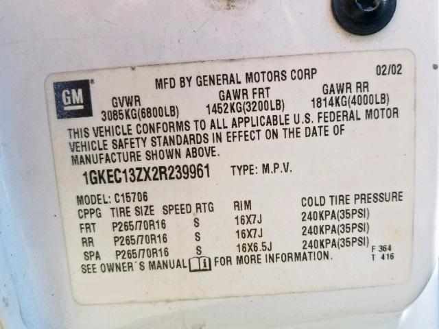 1GKEC13ZX2R239961 - 2002 GMC YUKON WHITE photo 10