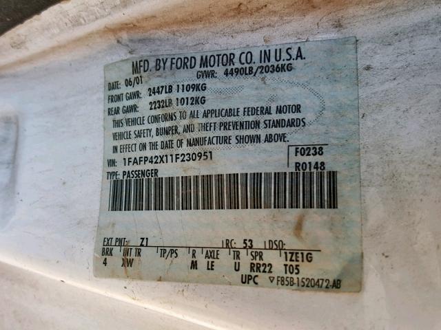 1FAFP42X11F230951 - 2001 FORD MUSTANG GT WHITE photo 10