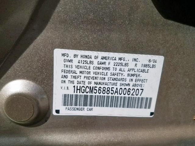 1HGCM56885A006207 - 2005 HONDA ACCORD EX GOLD photo 10